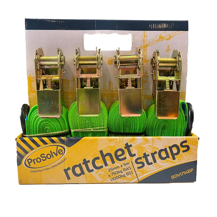 ProSolve Blister Pack Ratchet Straps 4 Ratchet Straps 25mm x  5m x  750kg RAS (4 Pack)